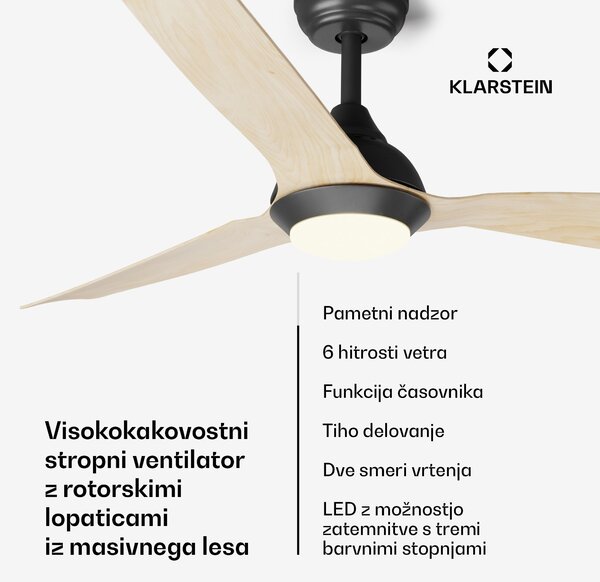 Klarstein Fiji Flow 2 v 1 Smart, stropni ventilator, Ø 132 cm, LED lučka, daljinski upravljalnik, upravljanje preko aplikacije, 2 smeri delovanja