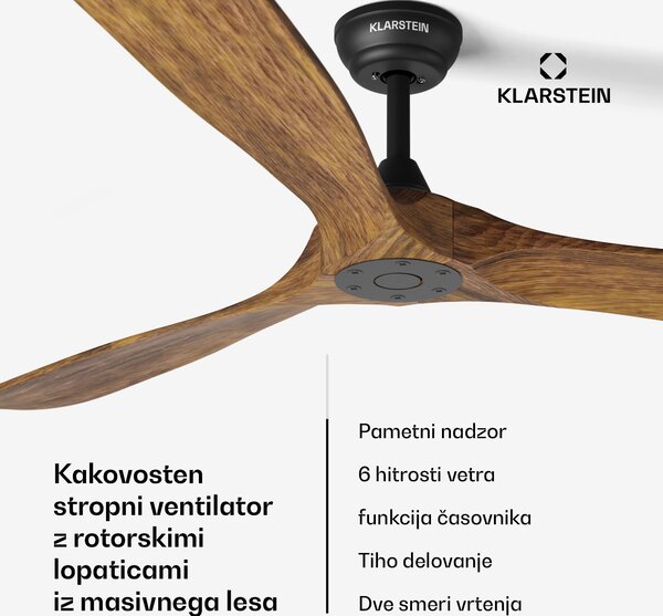 Klarstein Pametni stropni ventilator Bahama Breeze, rotorske lopatice iz masivnega lesa, daljinski upravljalnik + upravljanje z aplikacijo