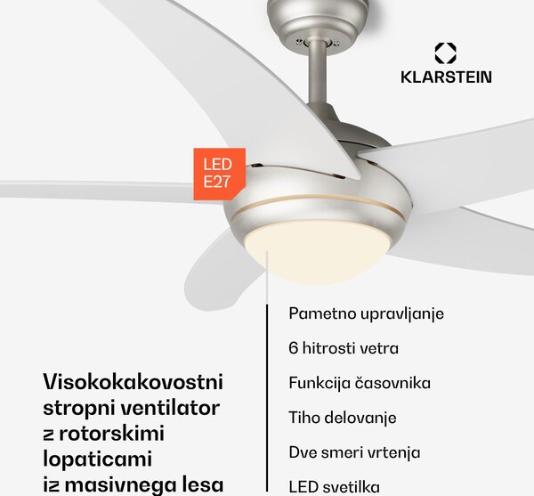 Klarstein Bolero 2 v 1 Smart, stropni ventilator, Ø 132 cm, svetloba 55 W, daljinski upravljalnik, upravljanje prek aplikacije, dvosmerno delovanje