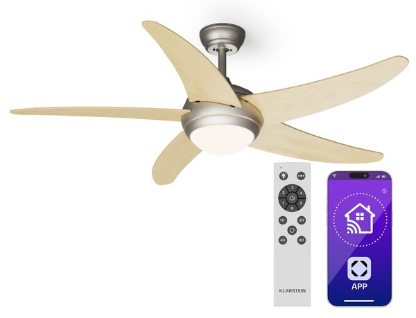 Klarstein Bolero 2 v 1 Smart, stropni ventilator, Ø 132 cm, svetloba 55 W, daljinski upravljalnik, upravljanje prek aplikacije, dvosmerno delovanje