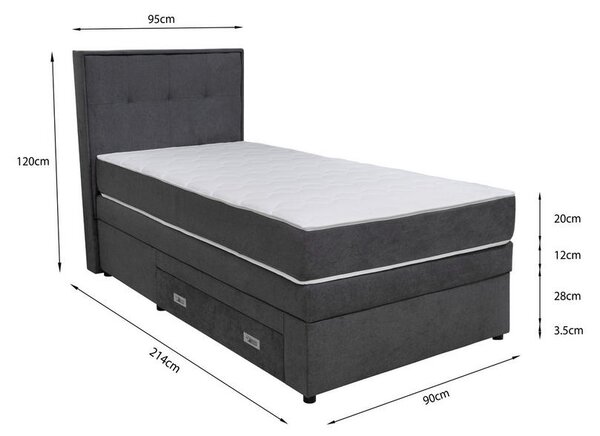 POSTELJA BOXSPRING 90 cm x 200 cm , les, tekstil, leseni material temno siva