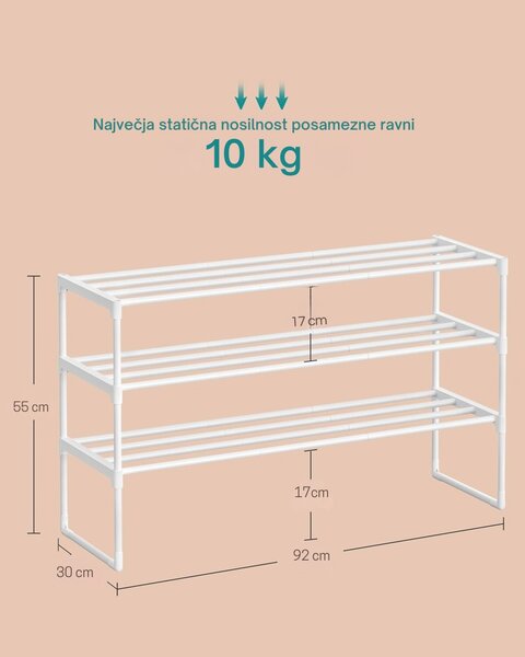 Stojalo za čevlje TORINO, 3 police, 30x92x55cm, bela SongmicsHome