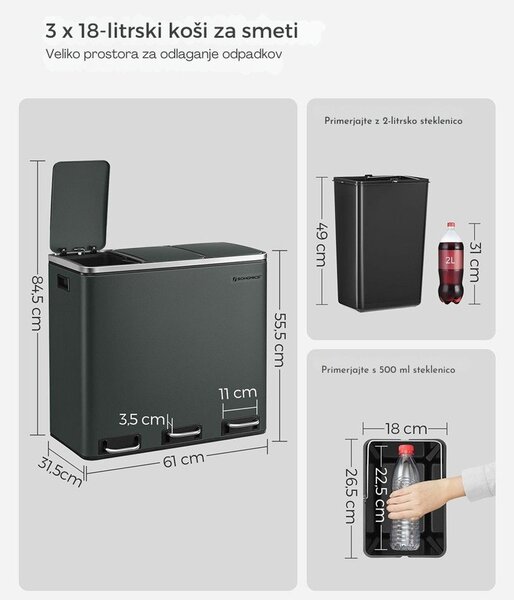 Koš za ločevanje odpadkov SORT 54 l (3×18 l), antracit/srebrna SongmicsHome