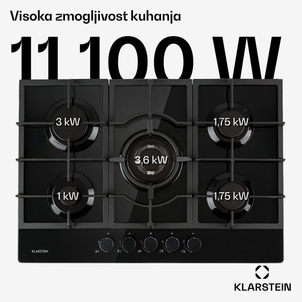 Klarstein Ignito 5, plinska kuhalna plošča, 5 gorilnikov, SABAF gorilniki, steklokeramika, črna