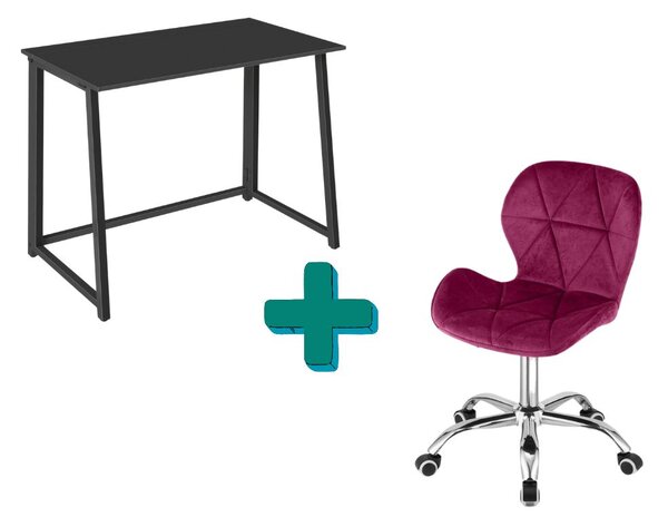 Set za pisarno – zložljiva pisalna miza ZARIMO 80×40 cm črna + pisarniški stol AVOLA VELVET vinsko rdeč