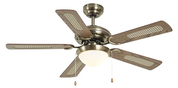 Stropni ventilator medenina z lesnim potiskom in ratanom 105 cm s poteznim stikalom - Mistral Majas