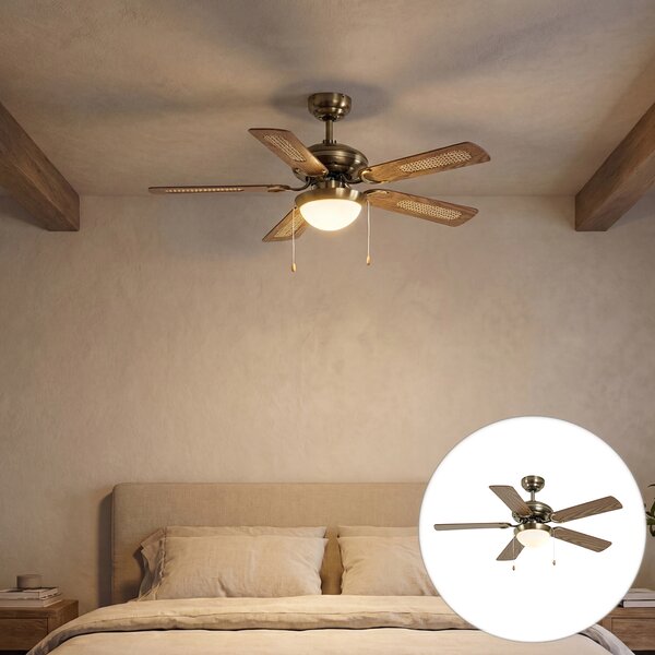 Stropni ventilator medenina z lesnim potiskom in ratanom 105 cm s poteznim stikalom - Mistral Majas