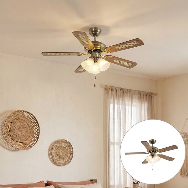 Medeninasti stropni ventilator z lesnim potiskom in ratanom 105 cm z vlečnim stikalom - Mistral Lia