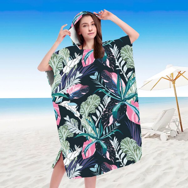 Plažni set NIGHT BLOSSOM – brisača 100×180 cm in pončo 80×145 cm, črna