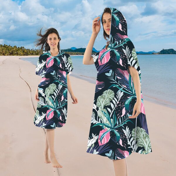 Plažni set NIGHT BLOSSOM – brisača 100×180 cm in pončo 80×145 cm, črna