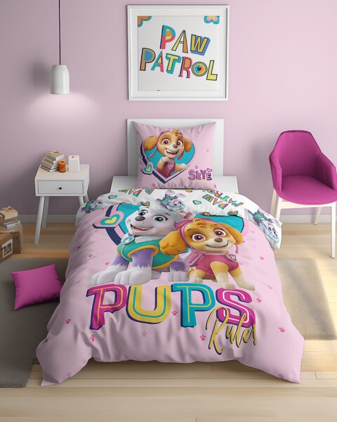 Svetleča posteljnina PAW PATROL Pups rule roza Dimenzije posteljnine: 70 x 80 cm | 140 x 200 cm