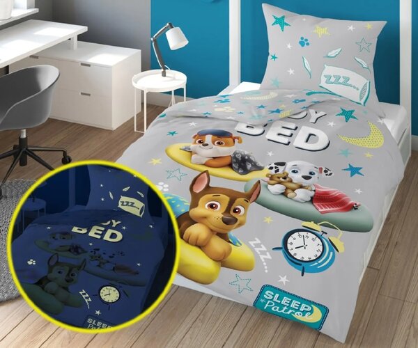 Svetleča posteljnina PAW PATROL Ready for bed siva Dimenzije posteljnine: 70 x 80 cm | 140 x 200 cm