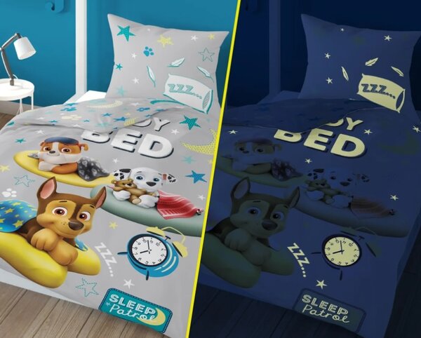 Svetleča posteljnina PAW PATROL Ready for bed siva Dimenzije posteljnine: 70 x 80 cm | 140 x 200 cm