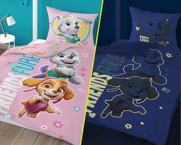 Svetleča posteljnina PAW PATROL Friends furever roza Dimenzije posteljnine: 70 x 80 cm | 140 x 200 cm