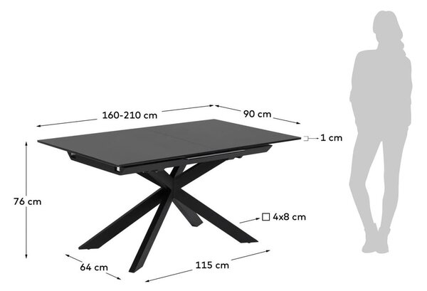 Črna raztegljiva jedilna miza s stekleno mizno ploščo 90x210 cm Atminda – Kave Home