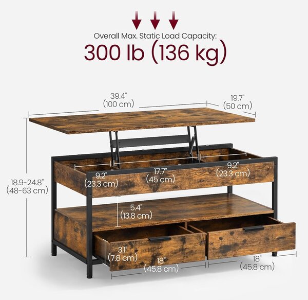 Klubska mizica s prostorom za shranjevanje, 50 x 100 x 48–63 cm, rjavo-črna | VASAGLE
