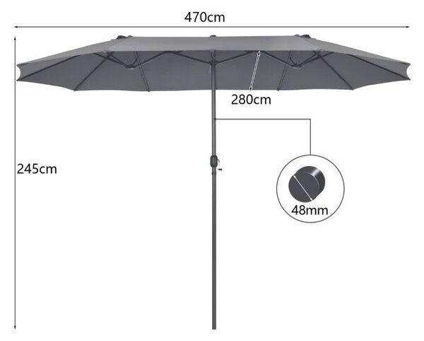 Dvojni senčnik Ø480 cm z ročico in UV zaščito - sive barve
