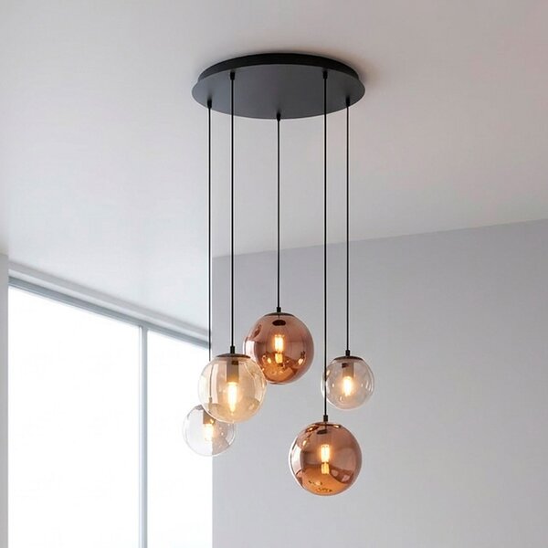 JUST LIGHT. GmbH Visoka svetilka Shiny, s 5 žarnicami, okrogla, večbarvna, steklo, E14, zatemnjen, Črna, Dnevna soba / jedilnica, Steklo, Obeski v svežnju