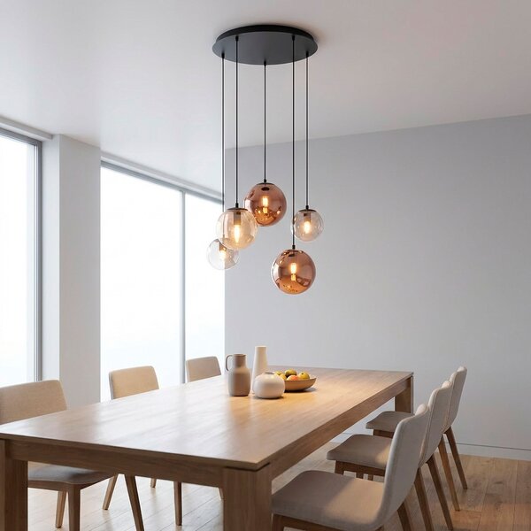 JUST LIGHT. GmbH Visoka svetilka Shiny, s 5 žarnicami, okrogla, večbarvna, steklo, E14, zatemnjen, Črna, Dnevna soba / jedilnica, Steklo, Obeski v svežnju