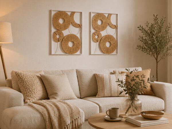 Set 2 stenska dekoracija CIRCLES kovina 48x68 cm, bela / bež