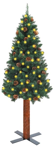 VidaXL Ozka osvetljena novoletna jelka pravi les in storži 210 cm
