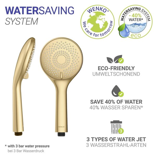 Plastična varčna tuš glava v mat zlati barvi ø 11 cm Watersaving System – Wenko