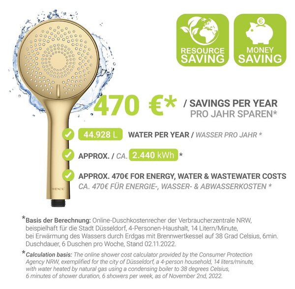 Plastična varčna tuš glava v mat zlati barvi ø 11 cm Watersaving System – Wenko