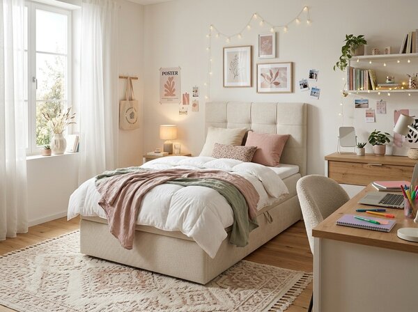 Oblazinjena postelja boxspring DIRELIS VIBE 90x200 cm kremna Vzmetnica: Vzmetnica Bonell