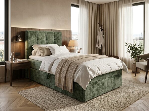 Oblazinjena postelja boxspring DIRELIS VIBE 90x200 cm temno zelena Vzmetnica: Vzmetnica Bonell