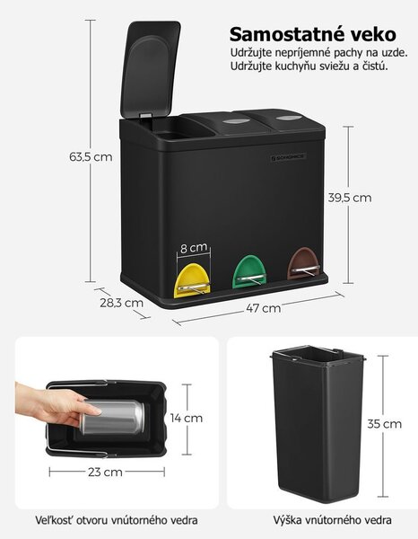 Koš za ločevanje odpadkov SORT 24l (3x8l), črna SongmicsHome