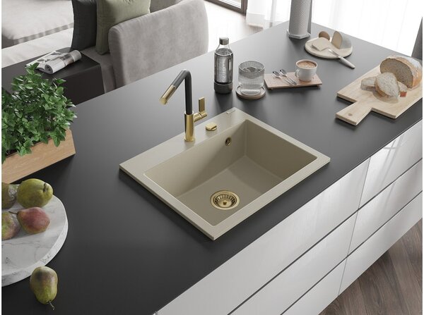 Mexen Oscar granitno pomivalno korito z eno komoro 580 x 490 mm, bež, zlati sifon - 6519581000-69-G