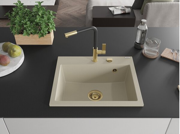 Mexen Oscar granitno pomivalno korito z eno komoro 580 x 490 mm, bež, zlati sifon - 6519581000-69-G