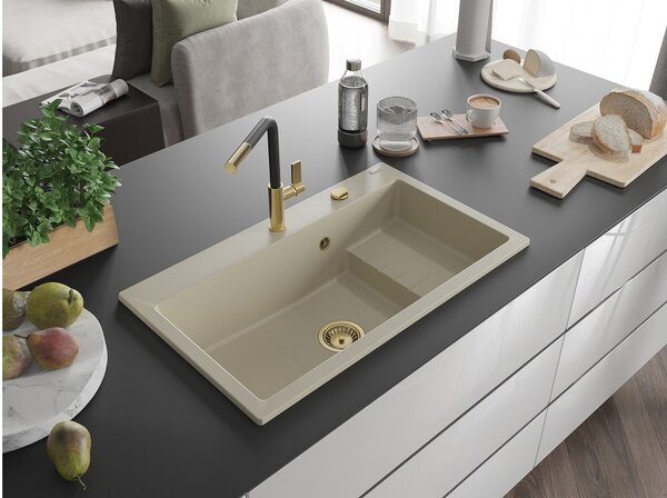 Mexen Omar graniteno pomivalno korito z eno komoro 800 x 480 mm, bež, sifon zlat - 6520801005-69-G