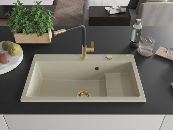 Mexen Omar graniteno pomivalno korito z eno komoro 800 x 480 mm, bež, sifon zlat - 6520801005-69-G