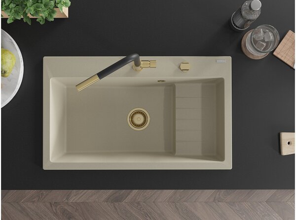 Mexen Omar graniteno pomivalno korito z eno komoro 800 x 480 mm, bež, sifon zlat - 6520801005-69-G