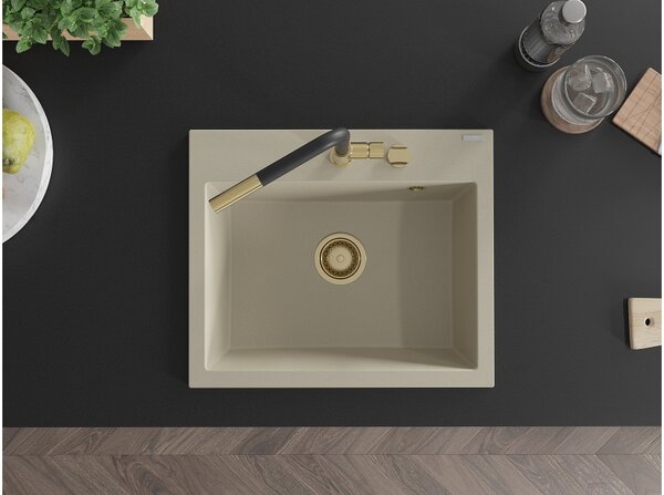 Mexen Oscar granitno pomivalno korito z eno komoro 580 x 490 mm, bež, zlati sifon - 6519581000-69-G