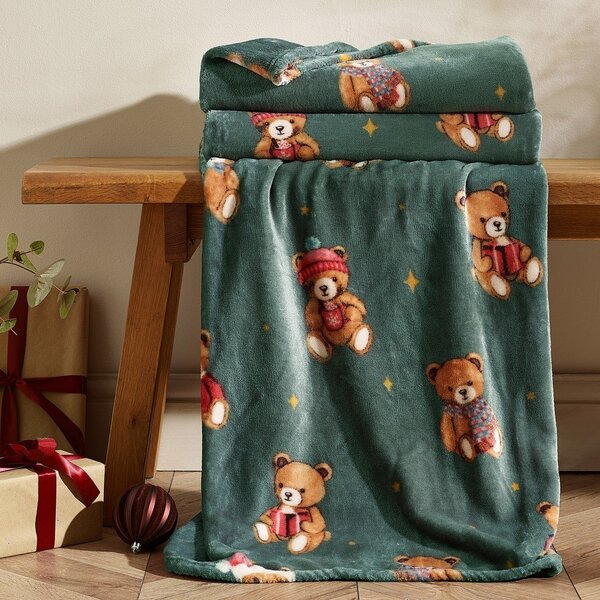 Temno zelena odeja z božičnim motivom 170x130 cm Christmas Tartan Teddy Bear – Catherine Lansfield