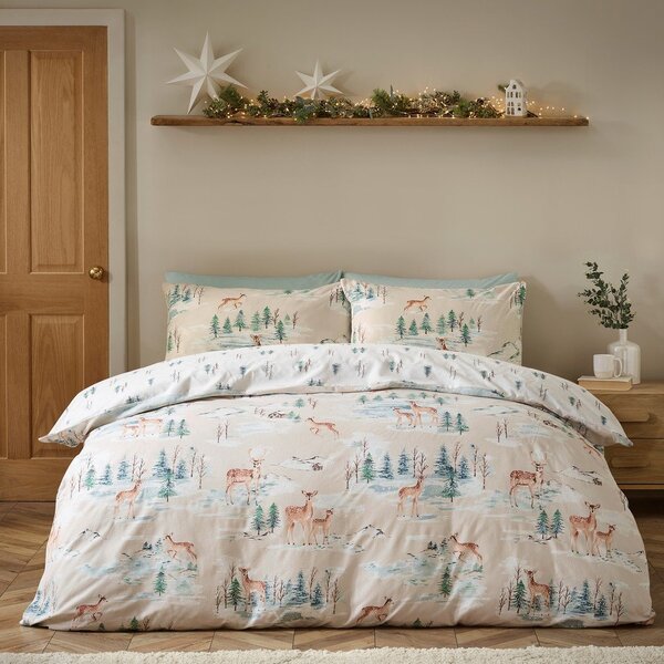 Flanelna posteljnina za zakonsko posteljo v naravni barvi 200x200 cm Brushed Christmas Deer – Catherine Lansfield