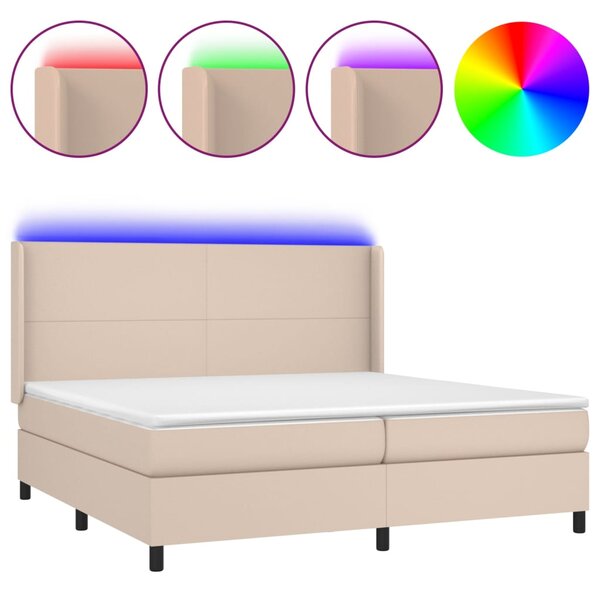 VidaXL Box spring postelja vzmetnico LED kapučino 200x200 cm um. usnje