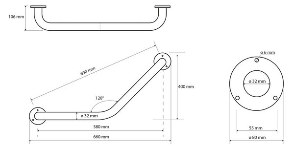 Jeklen stenski varnostni ročaj 66 cm Handicap 120° – Sapho