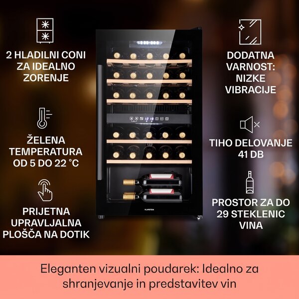 Klarstein Barossa 29 Duo, vinoteka, 29 steklenic, 80 litrov, 2 coni, upravljanje z gumbom