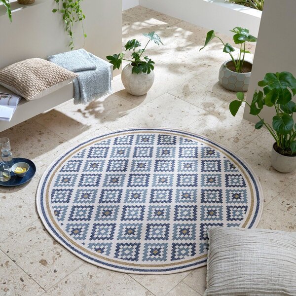 Rumeno-modra okrogla notranja in zunanja preproga ø 160 cm Zia Trellis – Flair Rugs