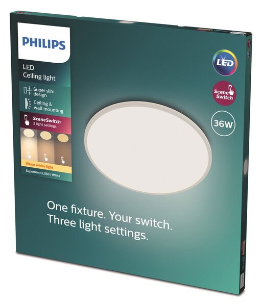 Philips SuperSlim stropna svetilka 2.700K Ø54cm bela, zatemnjen, Bela, Študija / pisarna, Kovina