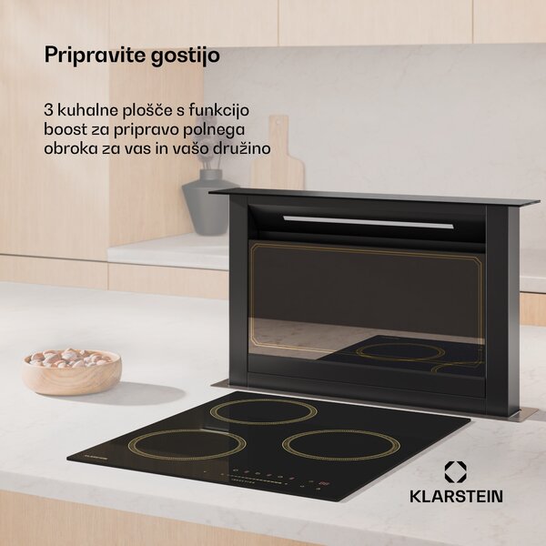 Klarstein Victoria indukcijska kuhalna plošča, 45 cm, 6 600 W, 3 kuhališča, drsno upravljanje, boost
