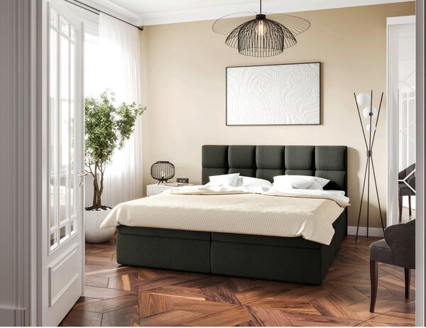 POSTELJA Z VZMETNICO 200 cm x 220 cm , les, tekstil, leseni material temno siva