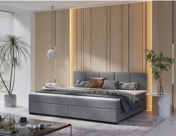 POSTELJA BOXSPRING 240 cm x 200 cm , les, tekstil, karton svetlo siva