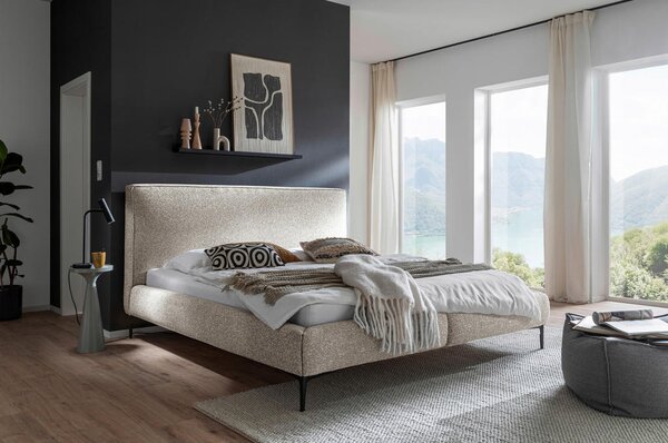 OBLAZINJENA POSTELJA 180 cm x 200 cm , leseni material, tekstil krem barve, črna