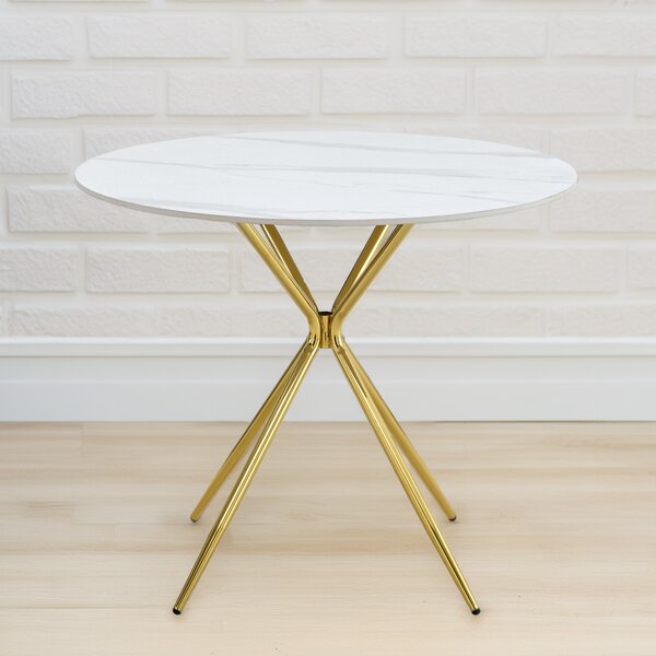 KONDELA Jedilna miza, beli marmor/gold krom zlata, premer 90 cm, MEKNER