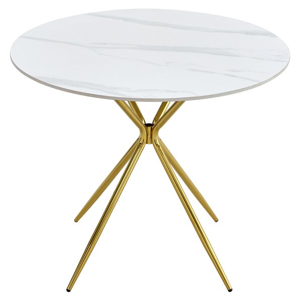 KONDELA Jedilna miza, beli marmor/gold krom zlata, premer 90 cm, MEKNER