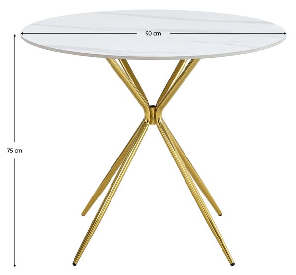 KONDELA Jedilna miza, beli marmor/gold krom zlata, premer 90 cm, MEKNER